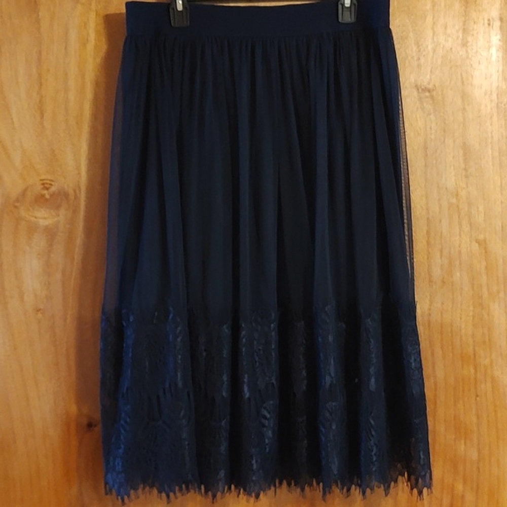 Elegant Cato Tulle and Lace Fairycore Midi Party Skirt Navy Blue Lined 14/16W